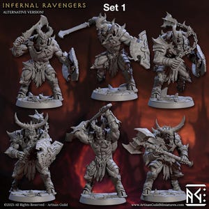 Op de afbeelding: Set van zes grijze miniatuurfiguren van Infernal Ravengers, elk in een dynamische pose, met wapens zoals zwaarden, bijlen en schilden. De figuren hebben gehoornde helmen en gedetailleerde bepantsering. De tekst "INFERNAL RAVENGERS" en "Set 1" zijn zichtbaar.