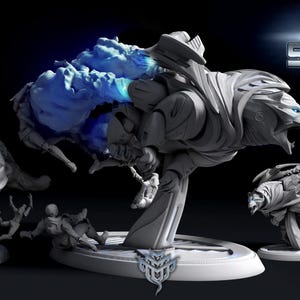 Könnte beinhalten: Digital gerendertes Bild mit mehreren detaillierten, stilisierten Skulpturen von Kreaturen und Figuren. Die zentrale Skulptur hat einen wolfsähnlichen Kopf mit leuchtend blauen Augen und einer wolkenartigen Form. Der Titel "The Souls Within Steel Volume 2" wird angezeigt.