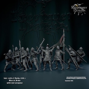 Peut inclure: Un groupe de figurines médiévales de gens d'armes, armés de lances, d'épées et de drapeaux. Les figurines sont dans diverses poses, portant des armures et des casques. Le texte indique "late 14th c/ Early 15th c Men at Arms with 2nd weapons."