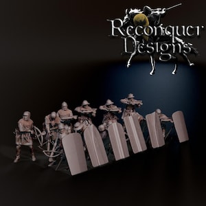 Può includere: Un gruppo di 10 miniature di arcieri medievali in plastica non dipinta, che tengono balestre e scudi, con il testo "Reconquer Designs" sullo sfondo.