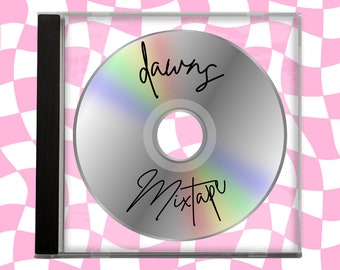 May include: A silver CD in a clear plastic case. The CD has the handwritten text "dawns Mixtape" in black. The background is a pink and white checkered pattern.
