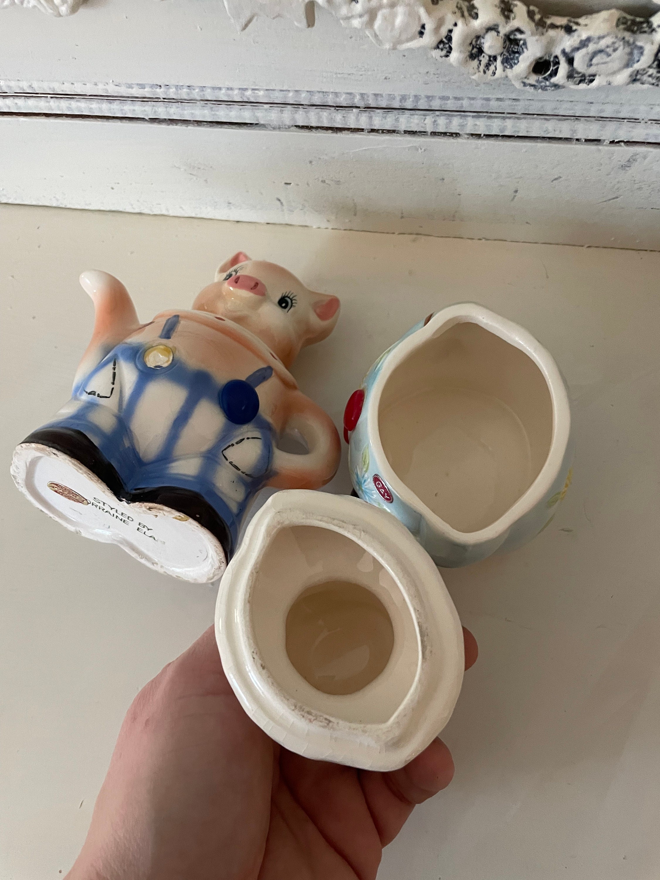 Vintage Enesco Anthropomorphic Pig Cream and Sugar Ceramic Japan