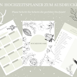 May include: A printable wedding planner with a checklist, a yearly overview, and a floral design. The checklist includes items like "Book venue" and "Order invitations". The yearly overview is a calendar with months of the year listed.
