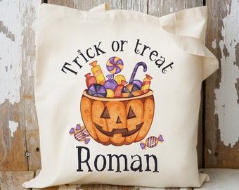 Personalized Trick or Treat Tote Bags for Kids, Halloween Candy Bag for Boys or Girls, Halloween Party Treat Bag, Halloween Gift, Goodie Bag
