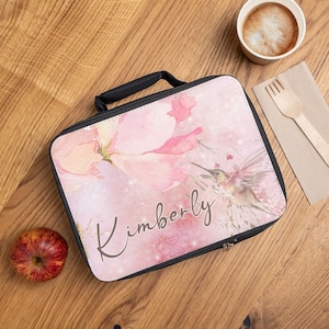 Personalized Lunchbox for Women, Hummingbird Lunchbox, Back to School Lunchbox with Name, Pink Floral Lunchbox for Girls