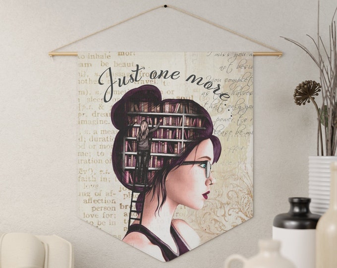 Book Nook Wall Art, Library Décor, Girl With Books in Her Head Banner, Just One More Chapter, Librarian Gift, Book Lover Wall Hanging