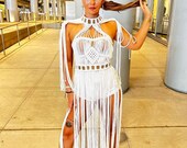 Macrame Dress White SWAN..Festival Costume/Boho Hippie Dress/Fringe Dress/Wedding Dress/Bridal/Beach Cover Dress/Festival Dress...