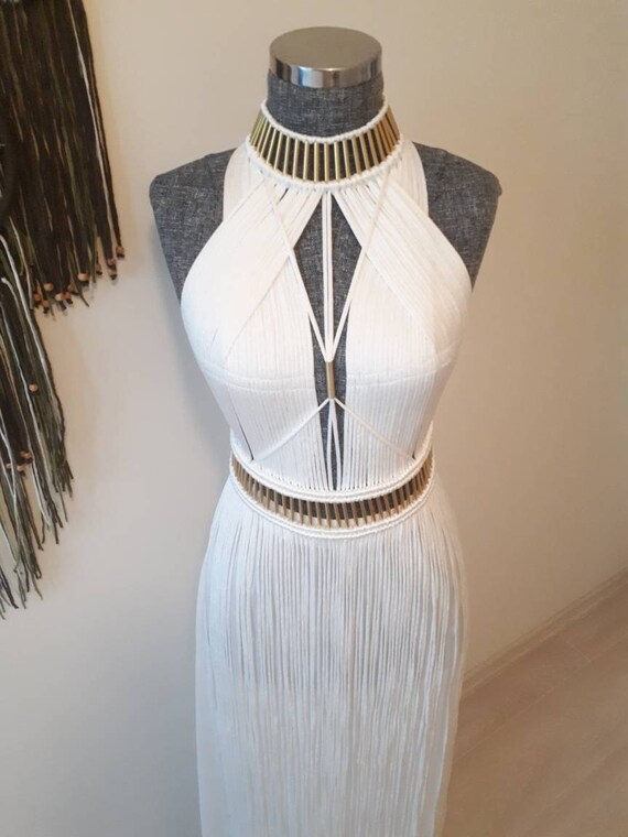 Macrame Dress White ORCHID Bridal/Festival Outfit Wear/Wedding Dress/Elegance Night Dress/Fringe Dress..