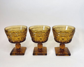 Vintage Mount Vernon Amber Glasses Square Base Goblet | Indiana Glass | Set of 3