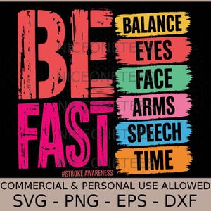 Peut inclure: Une conception graphique avec les mots "BE FAST" en grandes polices de caractères, et une liste de termes liés à la santé. La conception comprend le texte "#STROKE AWARENESS" et des informations sur le type de fichier. La palette de couleurs comprend le rouge, le rose, le jaune, le vert et le bleu.