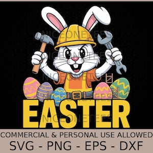 Peut inclure: Un lapin de Pâques de dessin animé portant un casque jaune et une chemise de travail orange, tenant un marteau et une clé. Le mot "EASTER" est en lettres jaunes en dessous, avec des œufs de Pâques décorés.