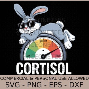 Op de afbeelding: Een cartoon illustratie toont een grijs konijn met een zonnebril, liggend op een meter. De meter geeft "CORTISOL" aan met een naald die naar "HIGH" wijst. De achtergrond is zwart, en de tekst "COMMERCIAL & PERSONAL USE ALLOWED" staat onderaan.