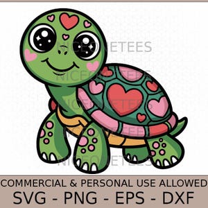 Peut inclure: Illustration d'une tortue de dessin animé avec un corps vert, une carapace rose et verte et de grands yeux expressifs. La carapace présente des formes de cœur. L'image comprend le texte "COMMERCIAL & PERSONAL USE ALLOWED" et "SVG - PNG - EPS - DXF".