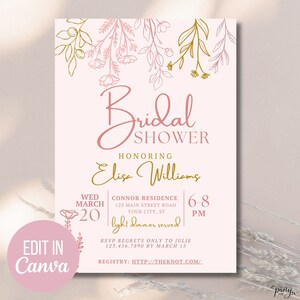 Boho Floral Bridal Shower, Pink Gold Boho Bridal Shower Invitation, Pink Bohemian Bridal Shower Invite, Editable Boho Bridal Shower Template
