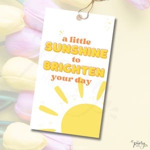 May include: A white tag with a yellow sun and the text "a little SUNSHINE to BRIGHTEN your day".