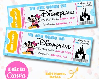 Editable Disneyland Ticket, Disneyland Ticket, We're Going to Disney Surprise Vacation Ticket, Theme Park Ticket, Canva Download Ticket
