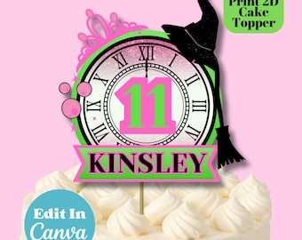 Wicked Witch Birthday Cake Topper: Green & Pink Printable (Digital Download, Canva Template)