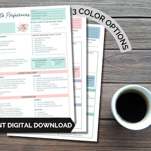 Geboorteplan | Geboortevoorkeuren | 3 kleuropties | Afdrukbare PDF | Bewerkbaar geboorteplan | Nieuwe moeder | Doula | Ziekenhuis geboorte