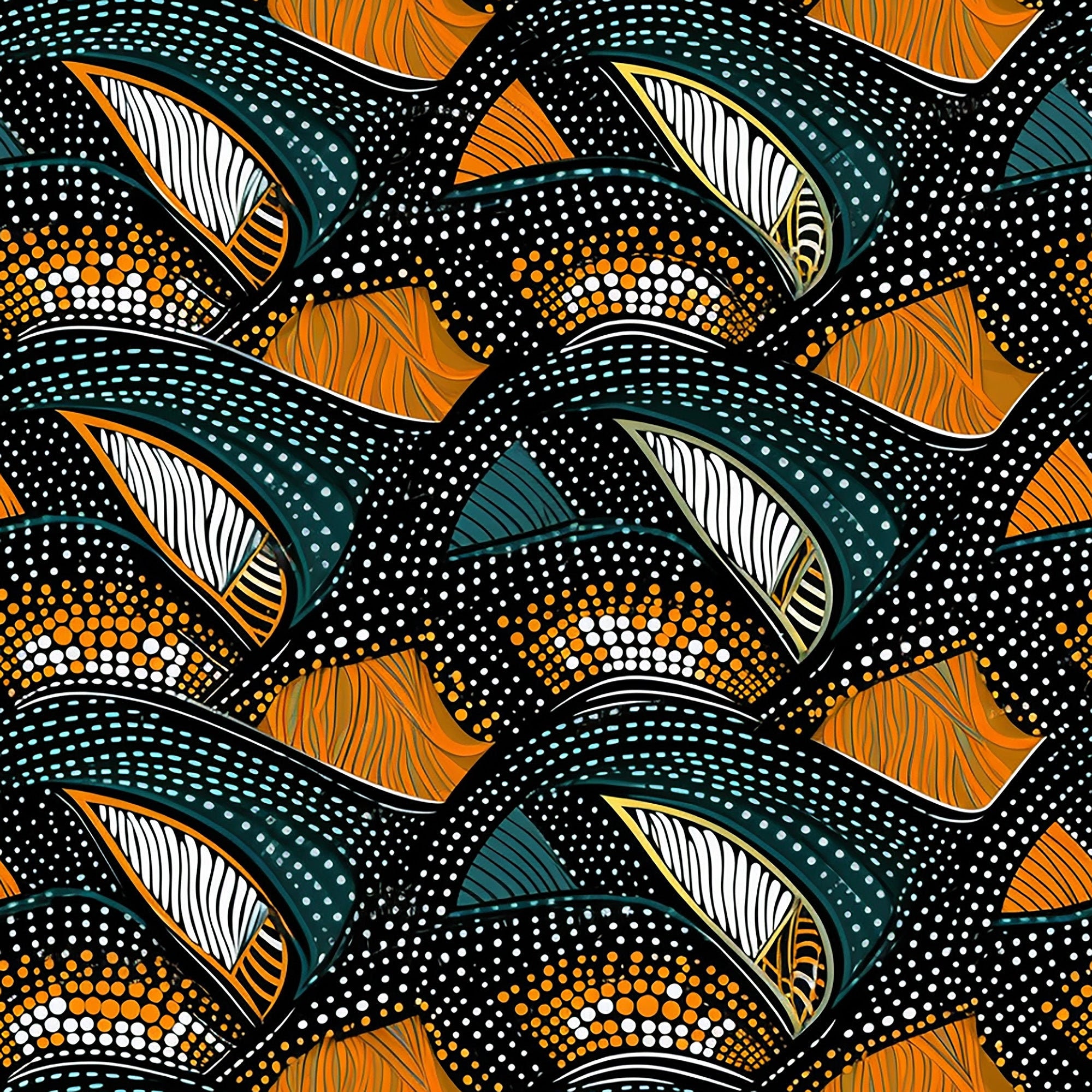 African Wave: Dark Aquamarine & Orange, Hand-colored, Naturalistic ...