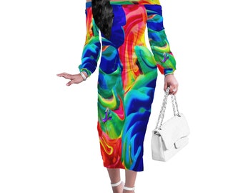 Rainbow Confusion Women Long Sleeve Off-shoulder Dress