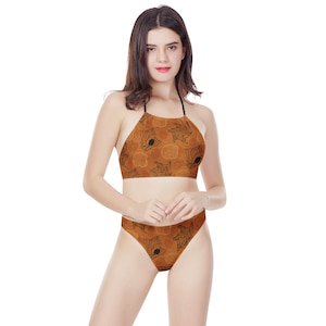 Orangefarbene Sea Shell High Neck Bikini: Elegante Ocean-inspirierte Bademode für Frauen