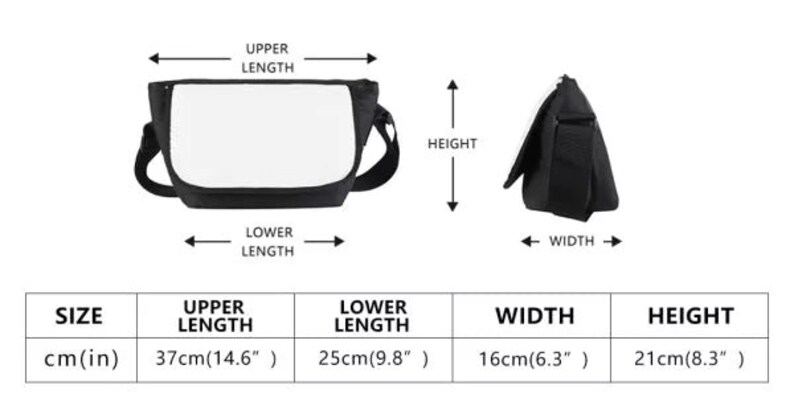 Puede incluir: Un bolso de mensajero de lona negro con un panel frontal blanco. El bolso tiene un cierre de cremallera y una correa de hombro ajustable. El bolso mide 37 cm de largo, 25 cm de ancho, 16 cm de alto y 21 cm de profundidad.