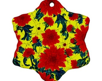 Red Flowers on Yellow Snowflake Ornament (Two Sides)