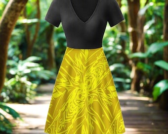 Yellow Fern | Black V-Neck Women Ruffle Bottom Dress