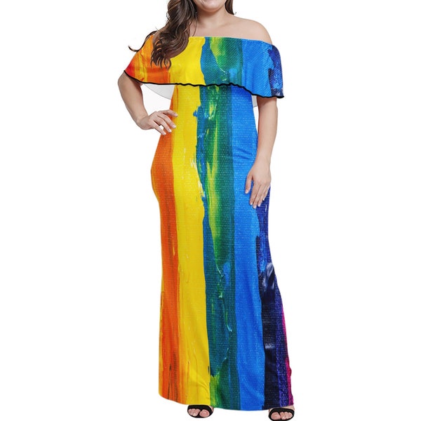 Handmade Boho Style Summer Maxi Dress for Women - Vibrant Rainbow Painting Off Shoulder Design - Party Bohemian Dress in Sizes up to 7XL