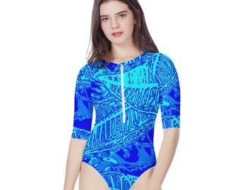 Vibrant Blue Croton Pattern Women's Long Sleeve One Piece Swimsuit