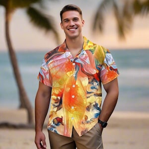 Handmade Golden Peace Lily Hawaiian Shirt: Men&#39;s Tropical Aloha Shirt