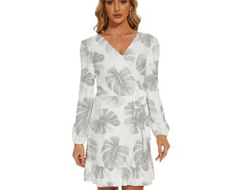White Monstera Long Sleeve Waist Tie Ruffle Velour Dress - Soft and Fully Customizable Polyester Blend Fabric -  - Sizes up to 5XL