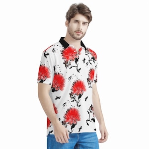 Vintage Lehua Red Aloha Polo: Cotton Collared Shirt for Men&#39;s Summer Comfort