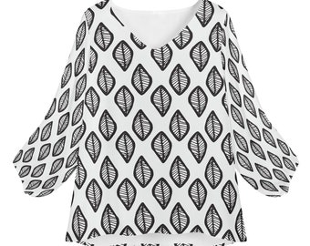 African Ethnic Mudcloth #16 Black and White Women Long Sleeve Puff Sleeve Blouse