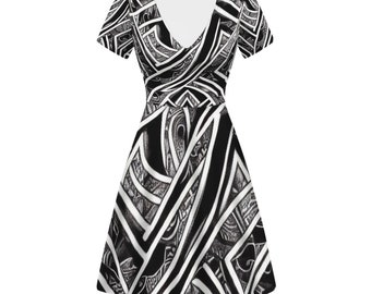 Black and White Polynesian V-Neck Women Ruffle Bottom Dress