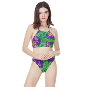 Blue Flag Iris on Green New Women's High Neck Bikinis Swimsuit - Luxtrini, LLC