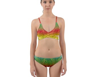 Rainbow Gradient Monstera Wrap Around Bikini Set