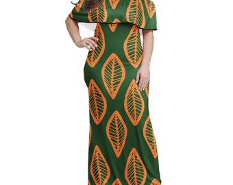 Women's Maxi Off Shoulder Dress - African Mudcloth Green and OrangeUp to 7XL