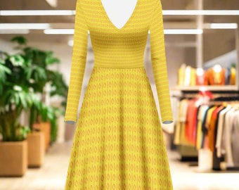 African | Ethnic | Mudcloth | #14 Yellow Women V-Neck Long Sleeve Ruffle Dress