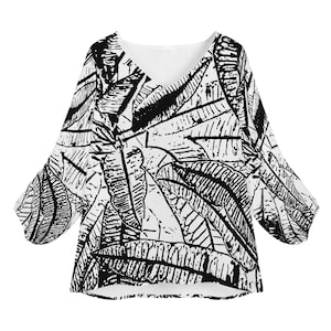 Black and White Croton Women Long Sleeve Puff Sleeve Blouse