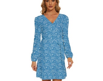 Blue Wind Long Sleeve Waist Tie Ruffle Velour Dress - Soft and Fully Customizable Polyester Blend Fabric - Sizes up to 5XL