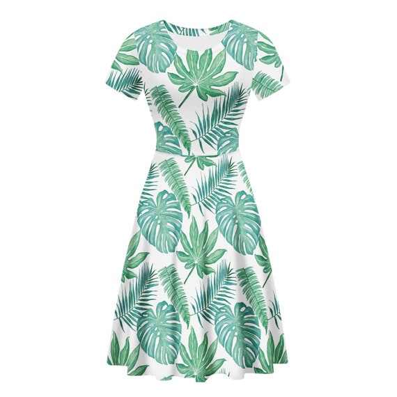 Tropical Palm Leaf Mini Dress: Green Ruffle Scoop Neck - Etsy