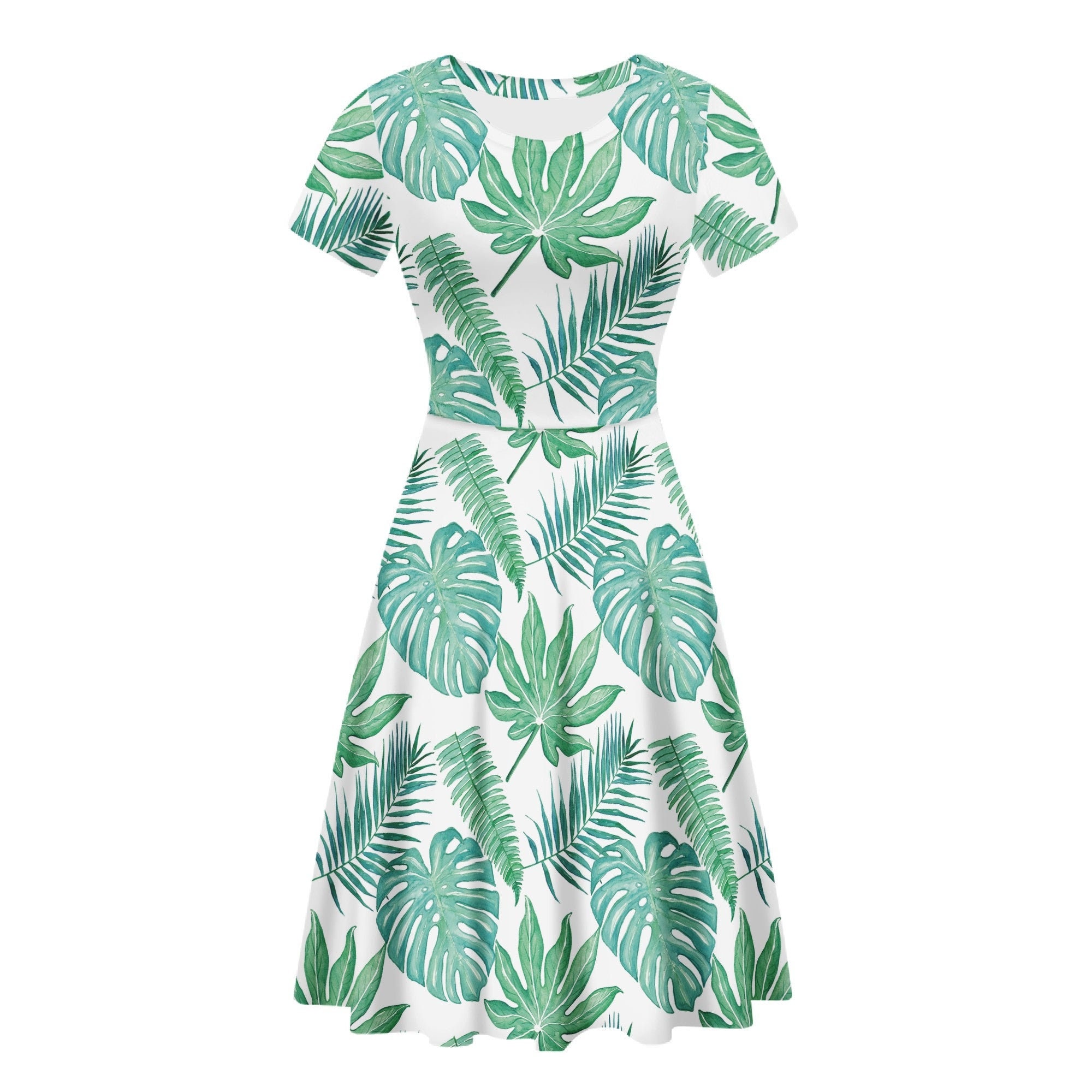 Tropical Palm Monstera Leaf Green Scoop Neck Ruffle Mini Dress for Women - Casual to Formal Occasions