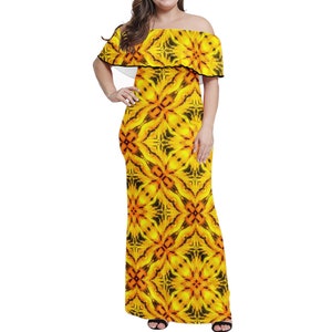 Vibrant Yellow Toghu Maxi Dress: Off-Shoulder Cameroon Inspired Plus Size Gown (up to 7XL)
