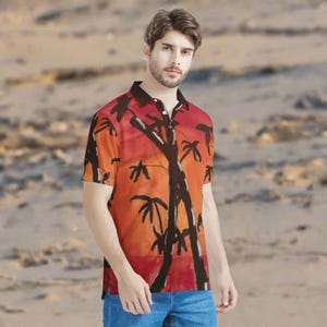 Vintage-Inspired Bamboo Sunset Aloha Polo: Embroidered Cotton Men&#39;s Summer Shirt Gift for Dad