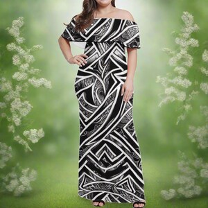 Elegant Black & White Polynesian Off-Shoulder Dress - Timeless Versatile Style for Women