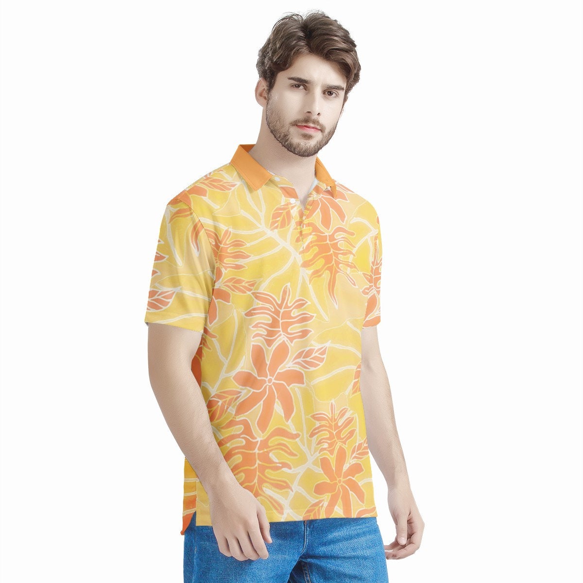 Discover Tropical Mix Passion Orange Aloha Polo Shirt