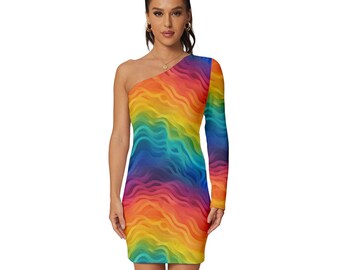 Lgbtq Rainbow Long Sleeve One Shoulder Mini Dress