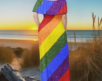 rainbow off shoulder maxi dress Rainbow Tropics Off the Shoulder Bell Sleeve Midi Dress