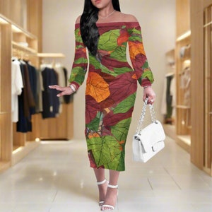 Autumn Leaves Women Long Sleeve Off Shoulder Midi Dress Sizes up to 4XL